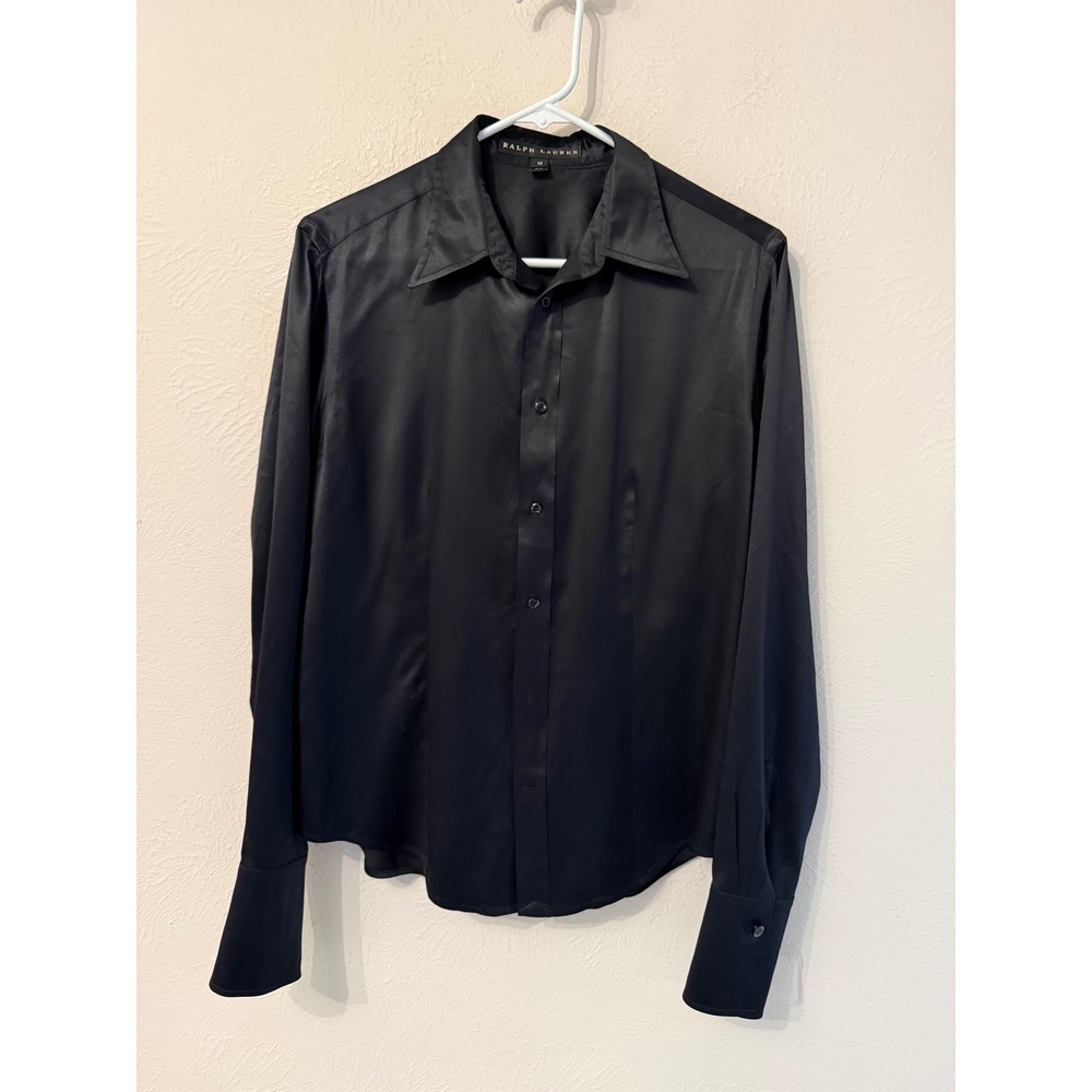 Ralph Lauren Black Label Satin Button Down Shirt Tailored silk Blouse Size 12